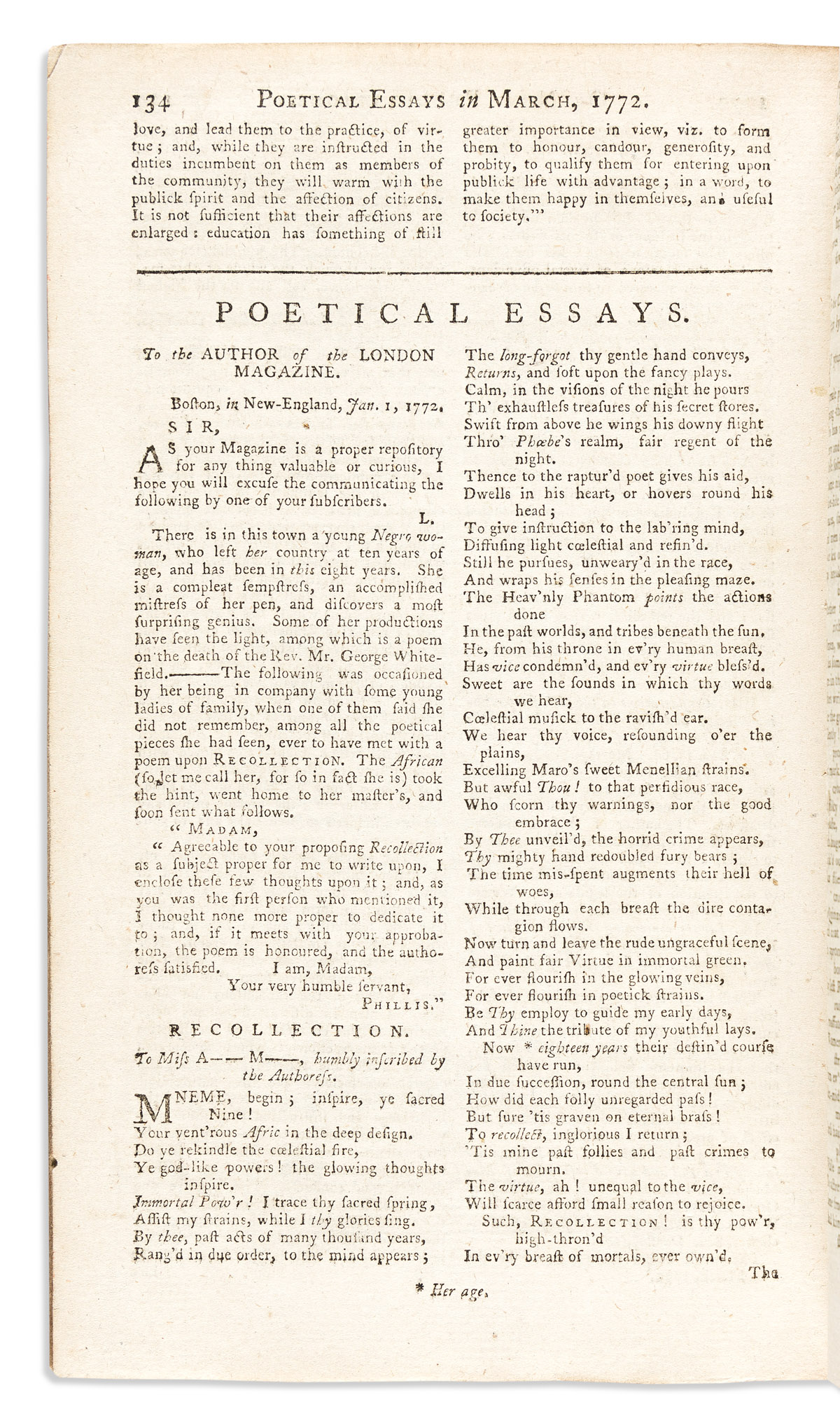 Wheatley, Phillis (c. 1753-1784) Recollection, to Miss A__ M__, Humbly Inscribed by the Authoress, as printed in The London Magazine.